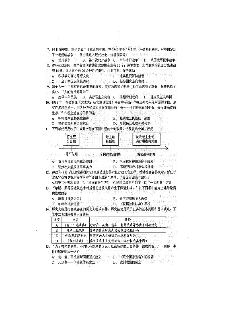 2023年广西全区初中学业水平考试 历史 适应性模拟练习题(六)(扫描版含答案)第2页