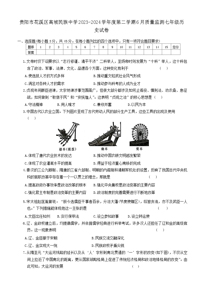 贵州省贵阳市花溪区高坡民族中学2023-2024学年七年级下学期6月月考历史试题