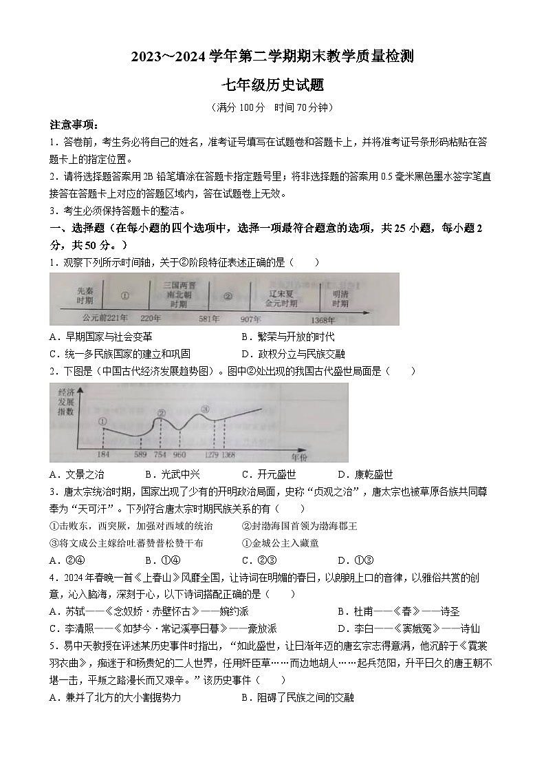 山东省禹城市2023-2024学年七年级下学期期末考试历史试题(无答案)第1页