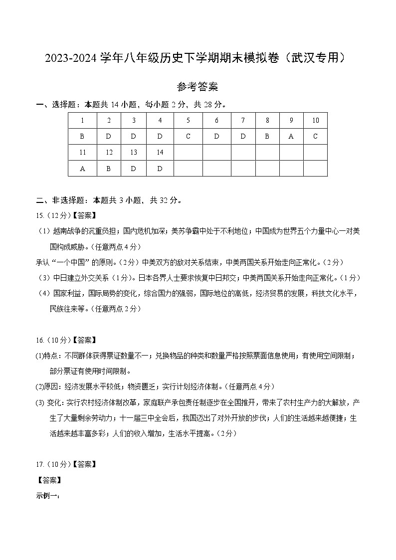2023-2024学年初中下学期八年级历史期末模拟卷(参考答案)(湖北武汉)第1页