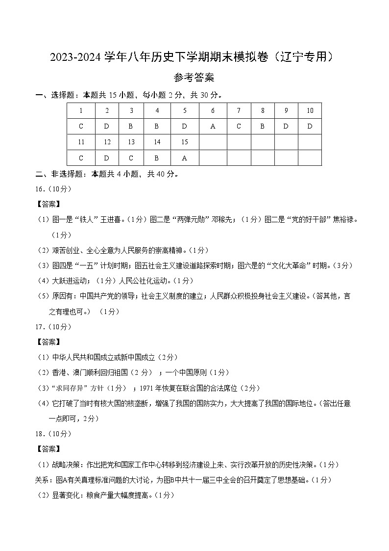 2023-2024学年初中下学期八年级历史期末模拟卷(辽宁)(参考答案)01