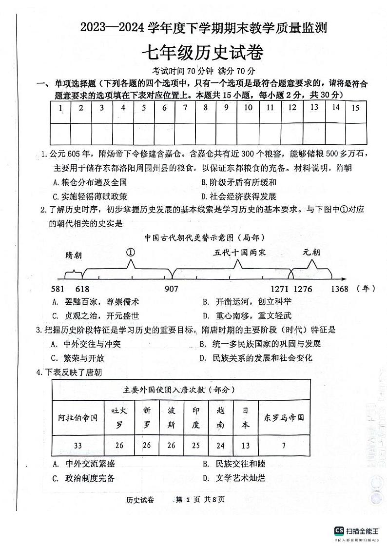 辽宁省丹东市东港市2023-2024学年七年级下学期期末历史试题第1页