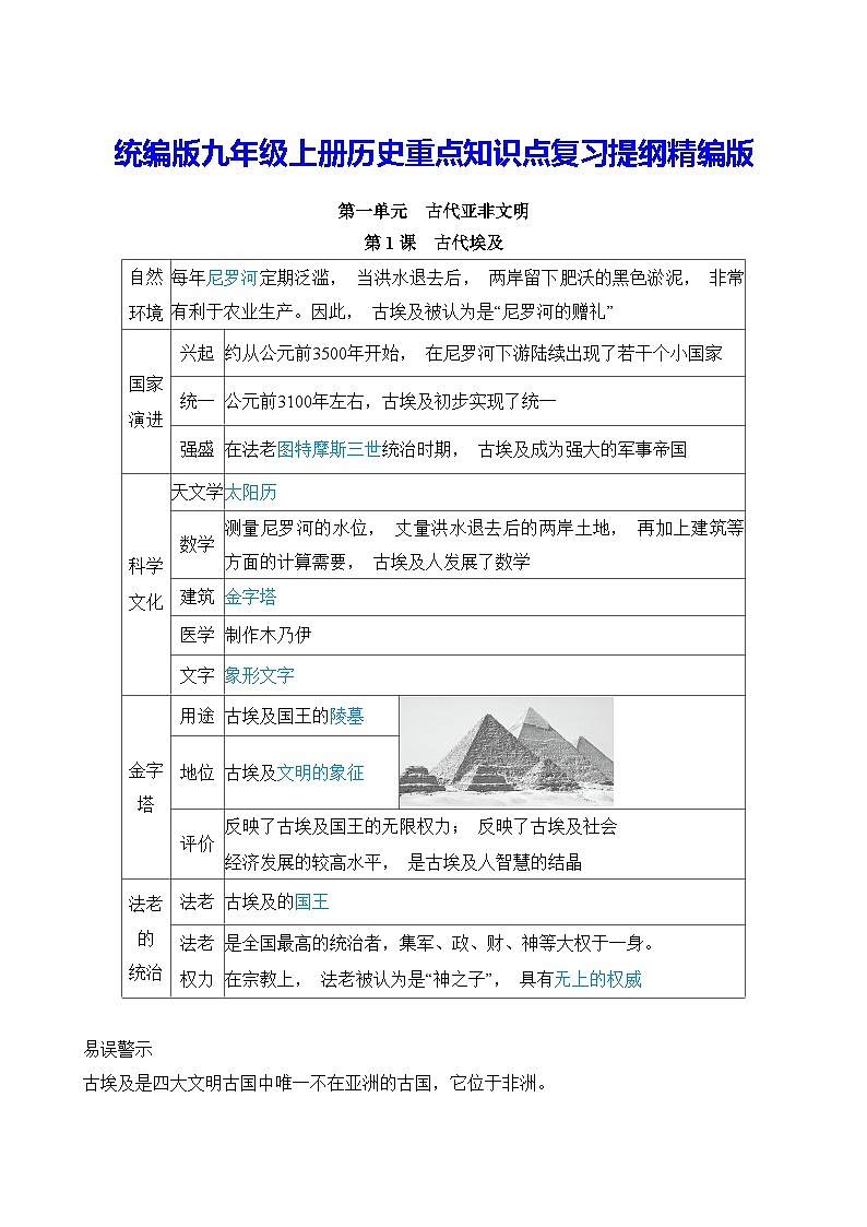 统编版九年级上册历史重点知识点复习提纲精编版01