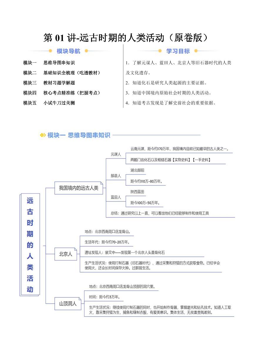 2024年部编版七年级历史暑假自学-第01讲-远古时期的人类活动【学案讲义】