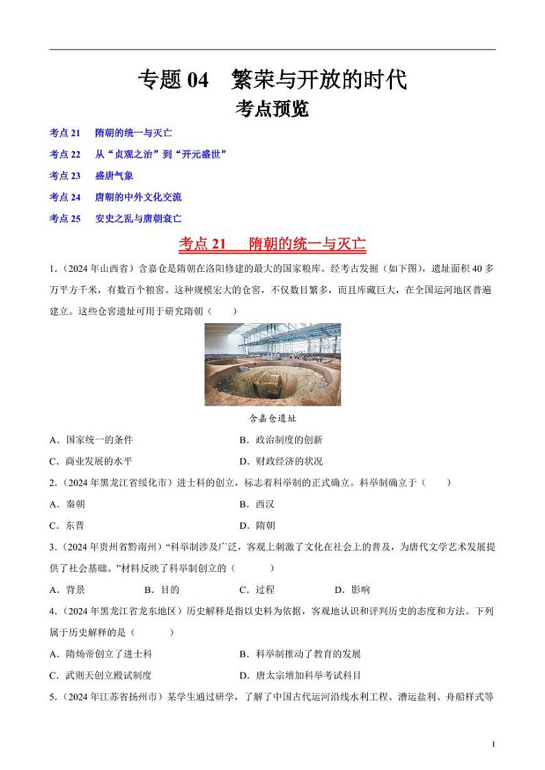 专题04 繁荣与开放的时代(原卷版)第1页