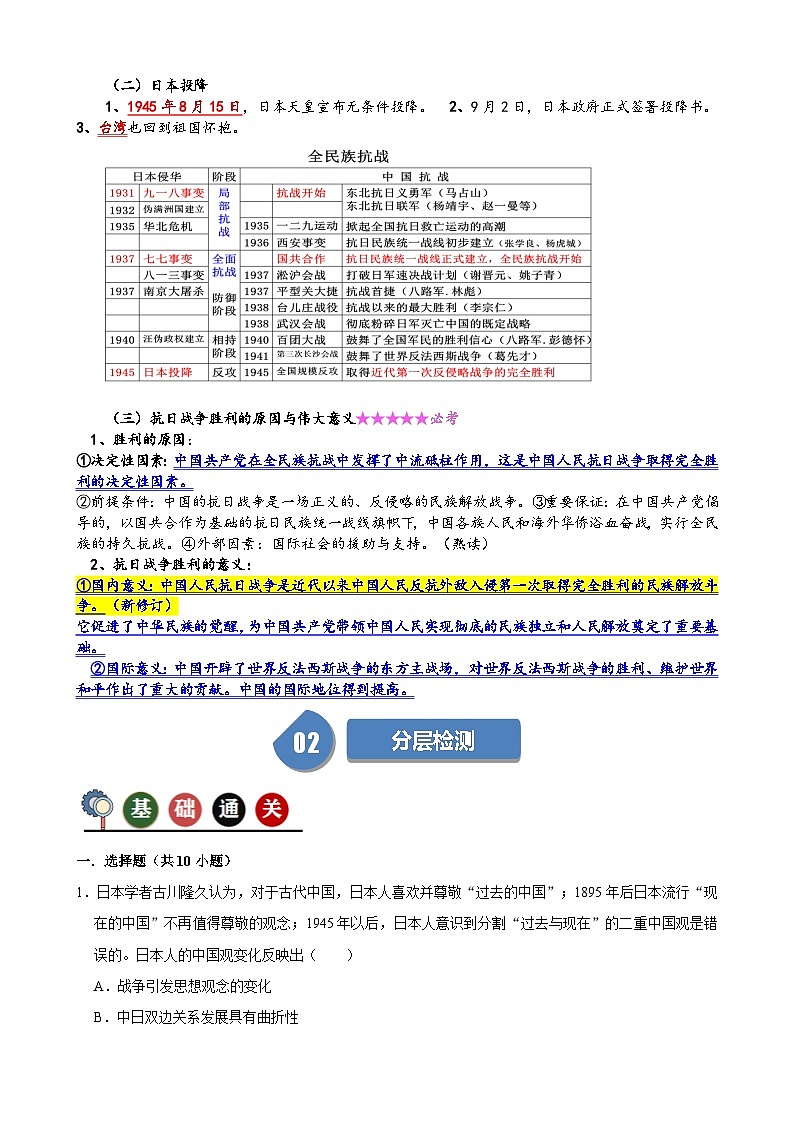 人教部编版初中历史八上 第22课 抗日战争的胜利(记忆清单+分层训练)02
