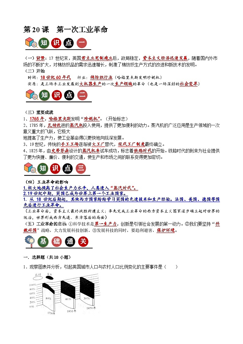 人教部編版 第20課  第一次工業(yè)革命（記憶清單+分層訓練）第1頁
