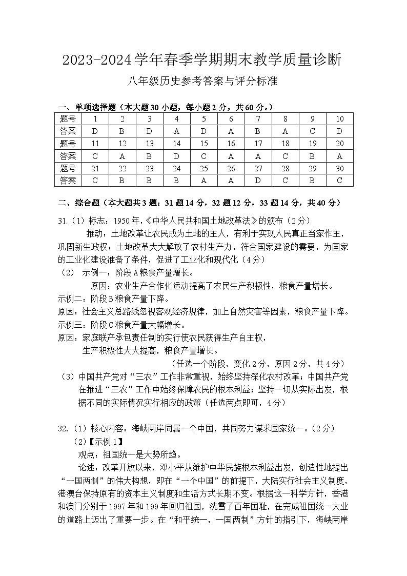 广东省惠州市博罗县2023-2024学年八年级下学期期末考试历史答案第1页