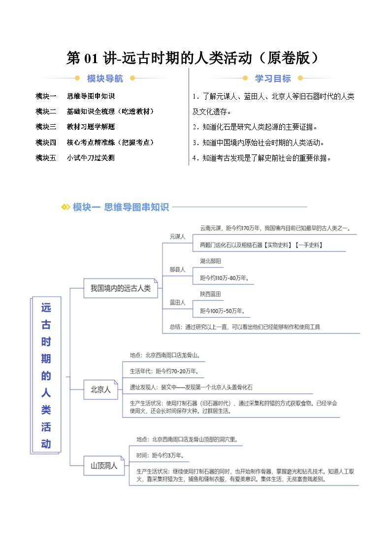 2024年部编版七年级历史暑假自学-第01讲-远古时期的人类活动【学案讲义】