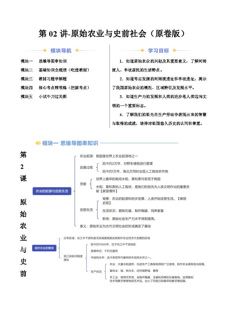 2024年部编版七年级历史暑假自学-第02讲-原始农业与史前社会【学案讲义】