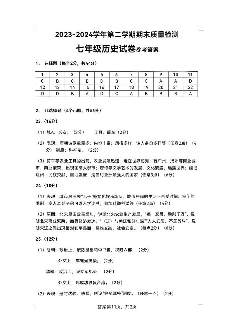 河北省邯郸市经济技术开发区2023-2024学年部编版七年级历史下学期期末试卷01