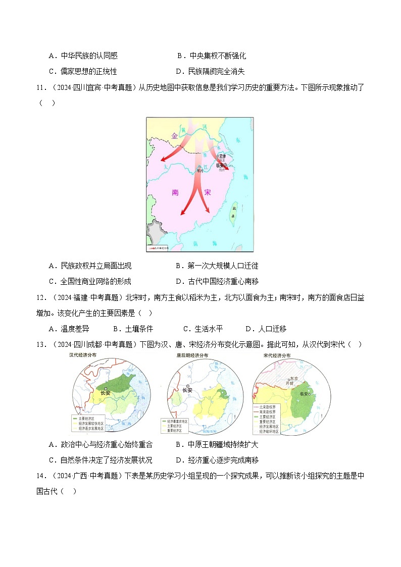 三年(2022-2024)中考历史真题分类汇编(全国通用)专题06 民族关系发展和社会变化(原卷版)第3页