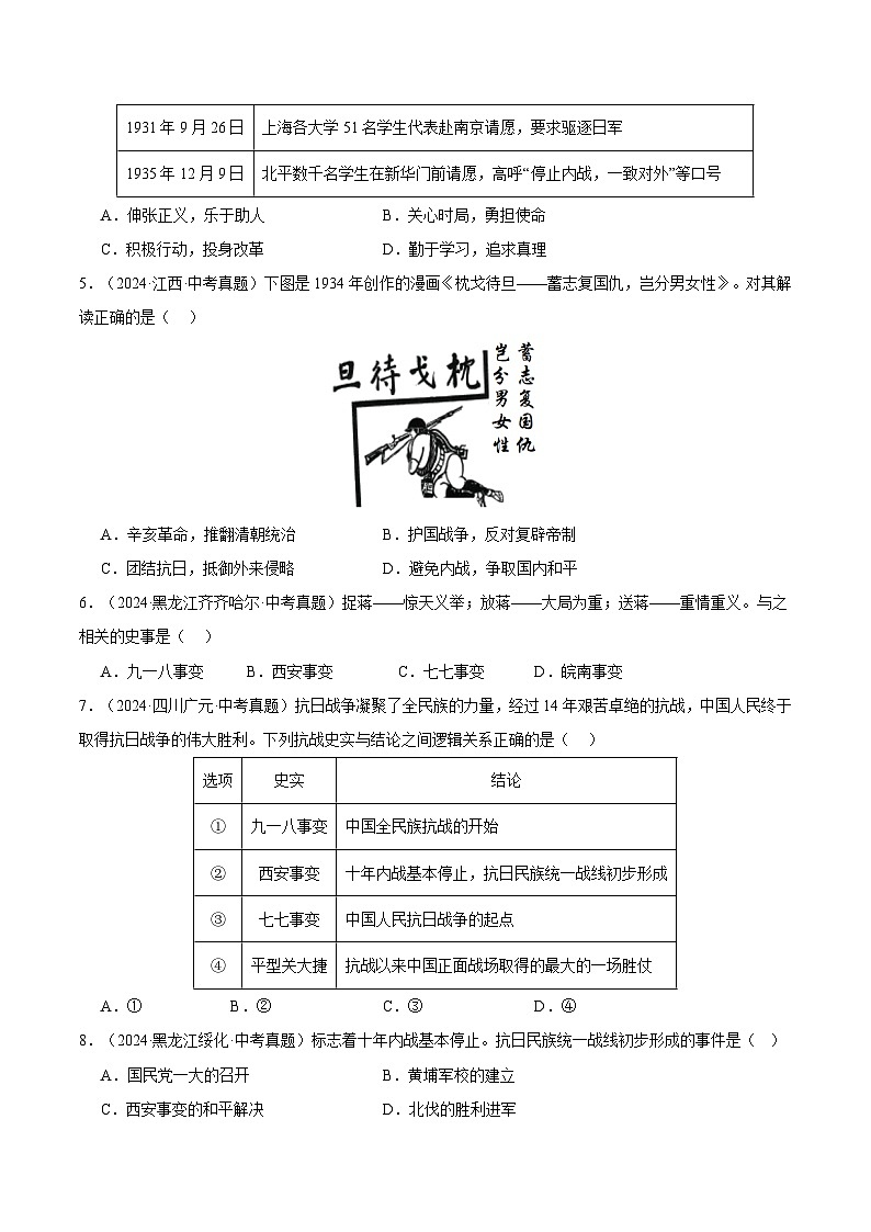 三年(2022-2024)中考历史真题分类汇编(全国通用)专题13 中华民族的抗日战争(原卷版)02