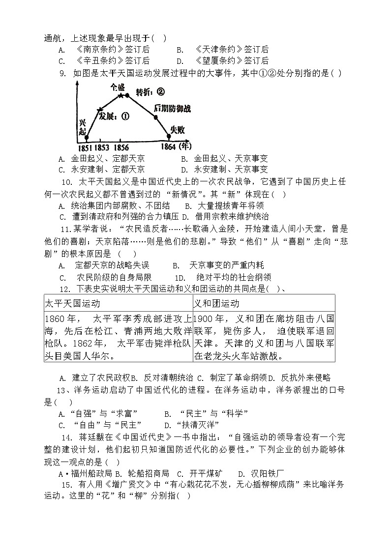 山东省聊城市阳谷第一初级中学2023_2024学年部编版八年级上学期第一次月考历史试题02
