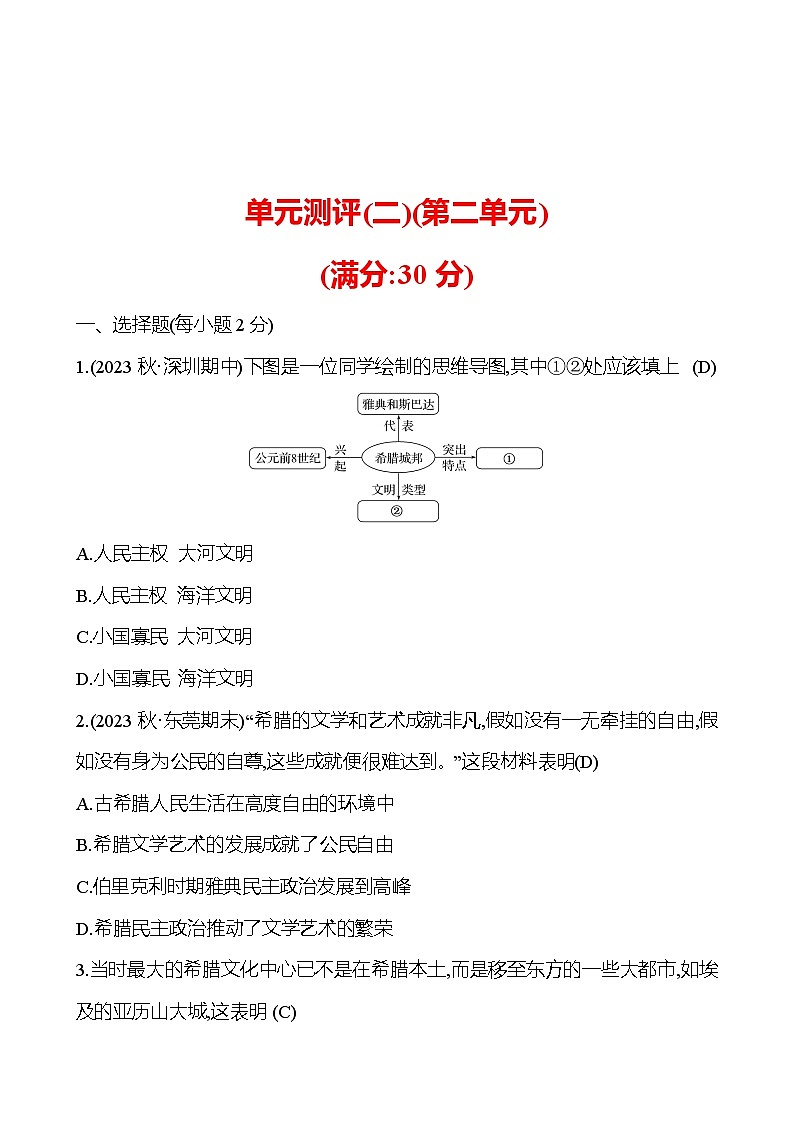 单元测评(二) 试卷(教师版)2024-2025 部编版历史九年级上册第1页