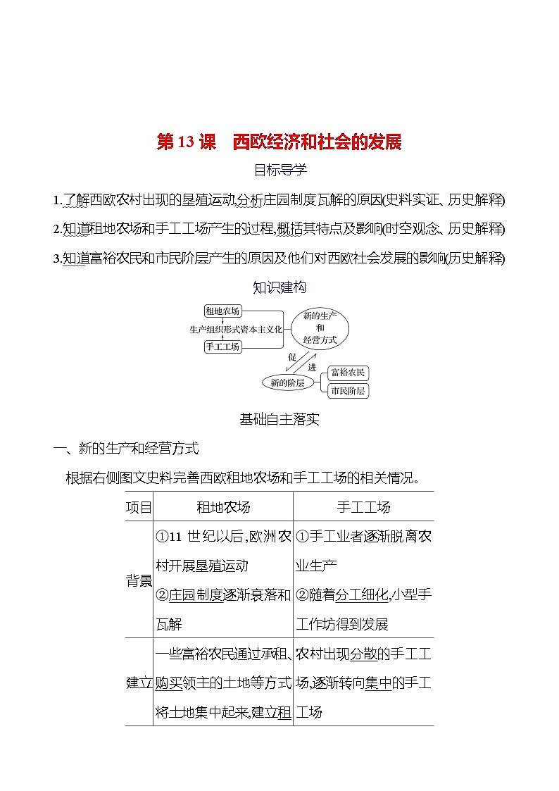 第五单元 第13课 西欧经济和社会的发展 学案2024-2025 部编版历史九年级上册01