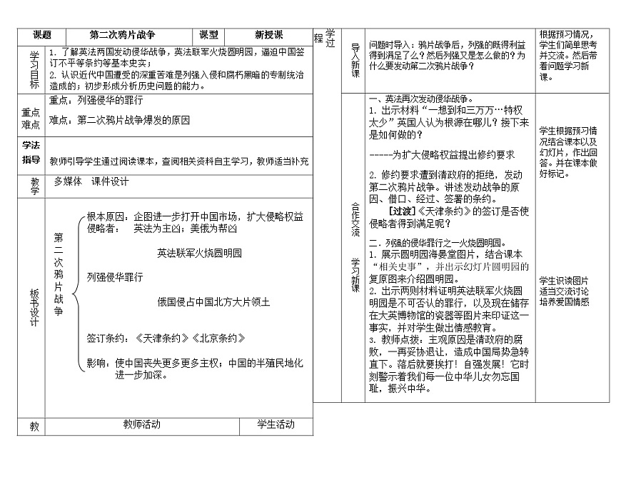 人教（部編版）八年級(jí) 歷史 上冊(cè)  第2課 第二次鴉片戰(zhàn)爭(zhēng)教案第1頁(yè)