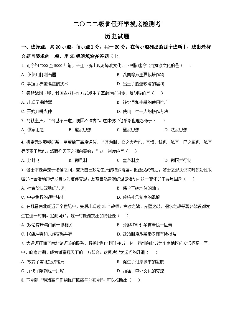 山东省菏泽市成武县育青中学2024-2025学年九年级上学期开学考试历史试题(原卷版)第1页