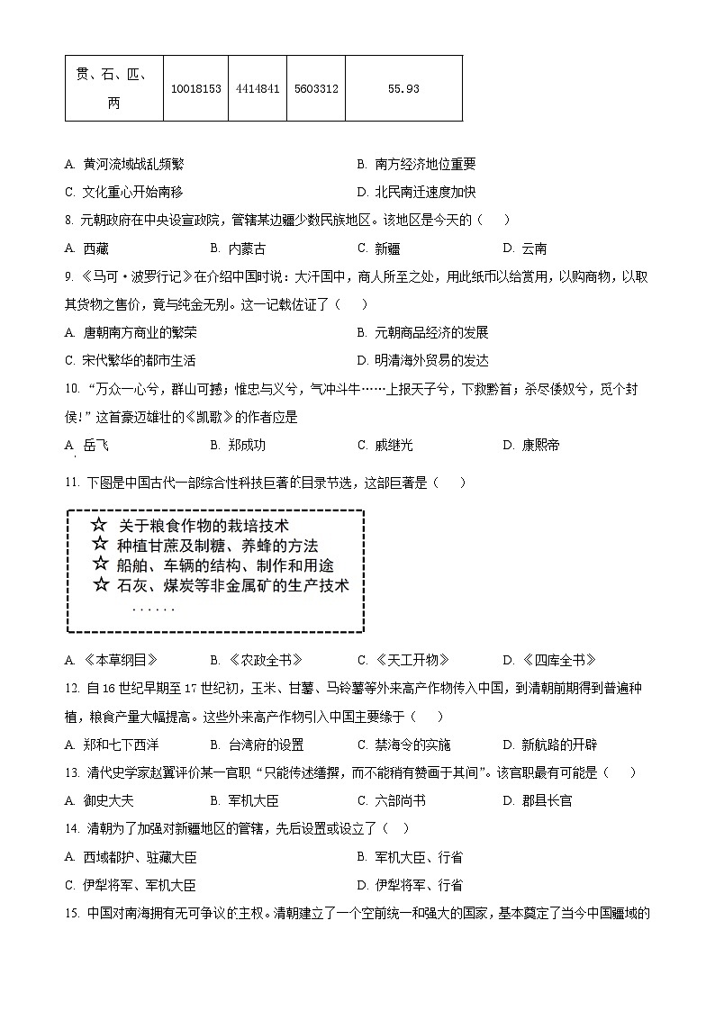 江苏省南通市海安市2023-2024学年七年级下学期6月期末道德与法治.历史试题-初中历史(原卷版)02