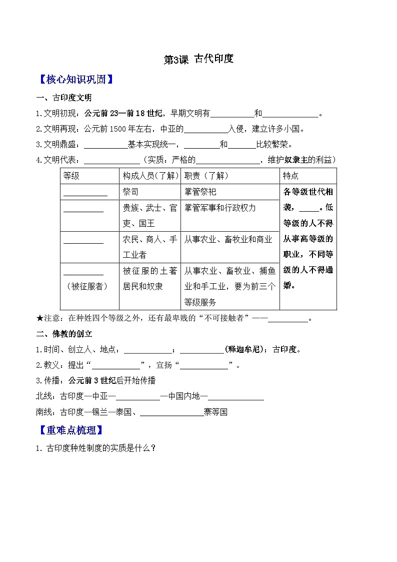 第3课 古代印度——九年级历史部版编版上册核心知识点(含答案)01