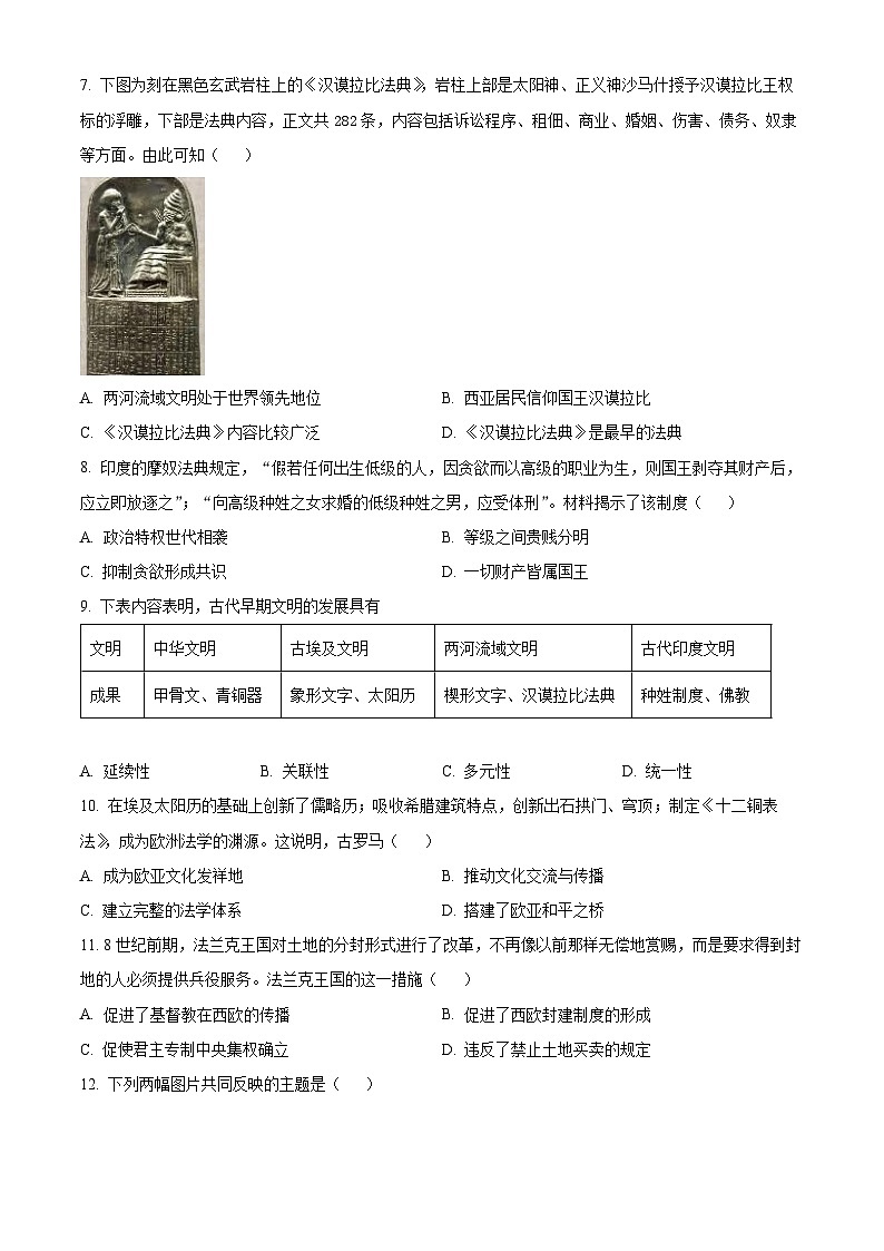 湖北省孝感市孝昌县邹岗中学2024-2025学年九年级上学期入学摸底考试历史试题(原卷版)第2页