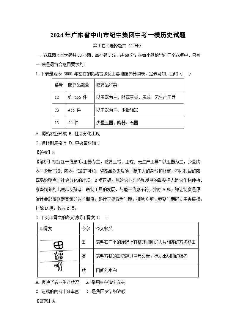 [歷史][一模]2024年廣東省中山市紀(jì)中集團(tuán)中考試題(解析版)第1頁