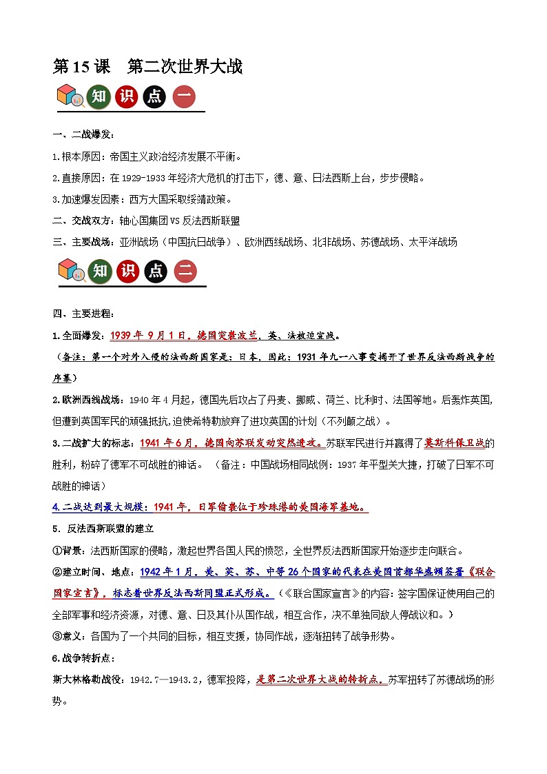 人教版初中历史9下 第15课 第二次世界大战(记忆清单+分层训练)01