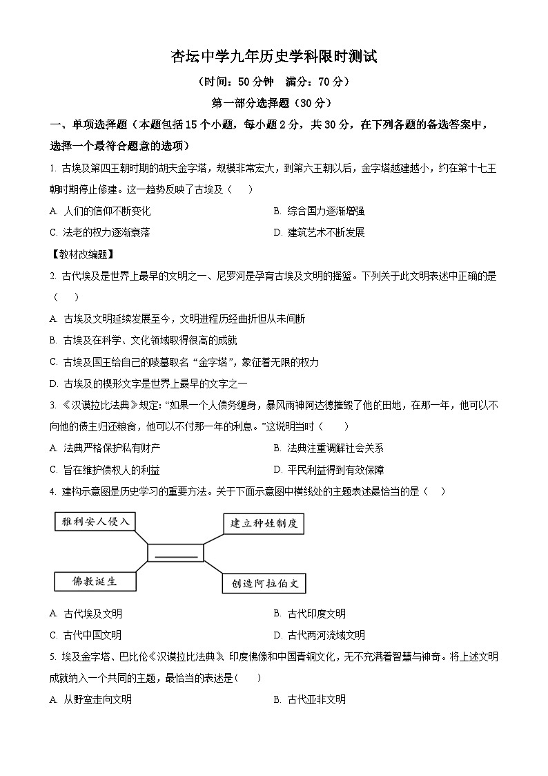 辽宁省沈阳市杏坛中学2024-2025学年九年级上学期限时测试历史试题(原卷版)第1页