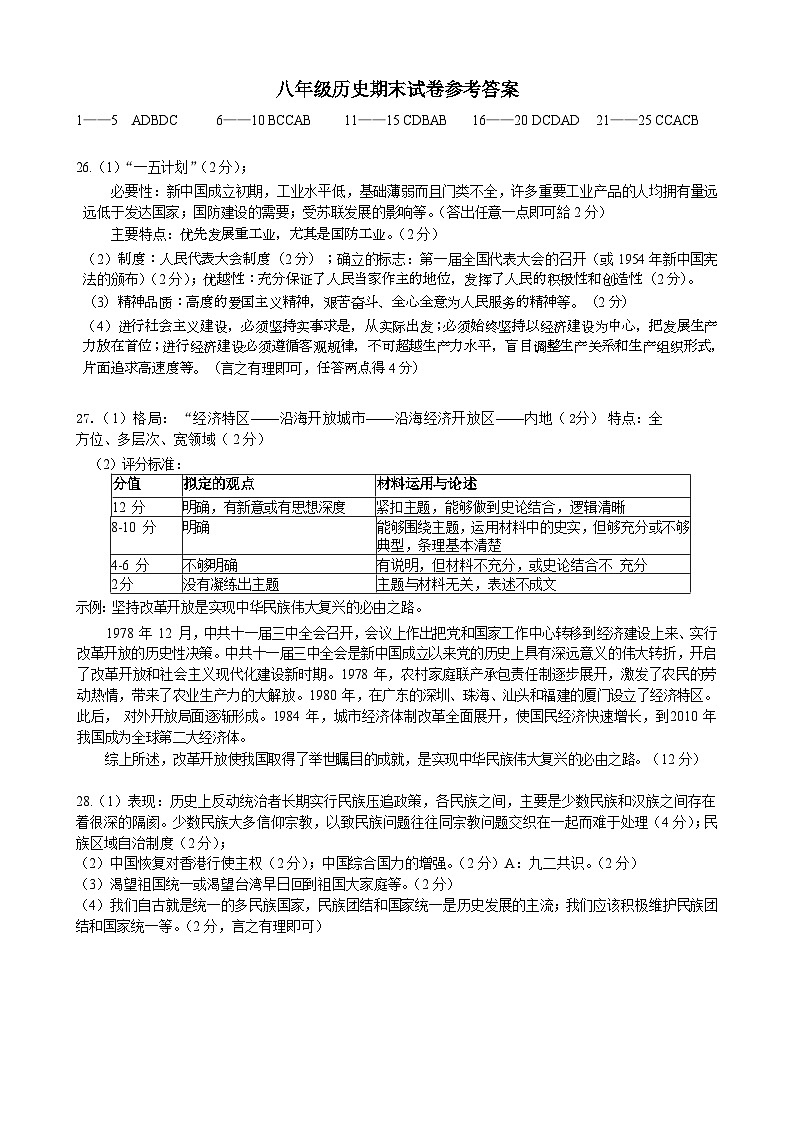 八年级历史期末试卷参考答案第1页