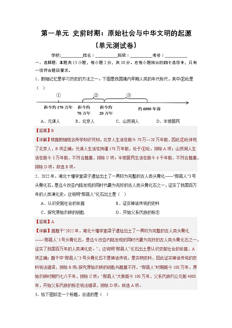 2024版新教材七上:第一单元 史前时期:原始社会与中华文明的起源(单元测试卷)(解析版)第1页