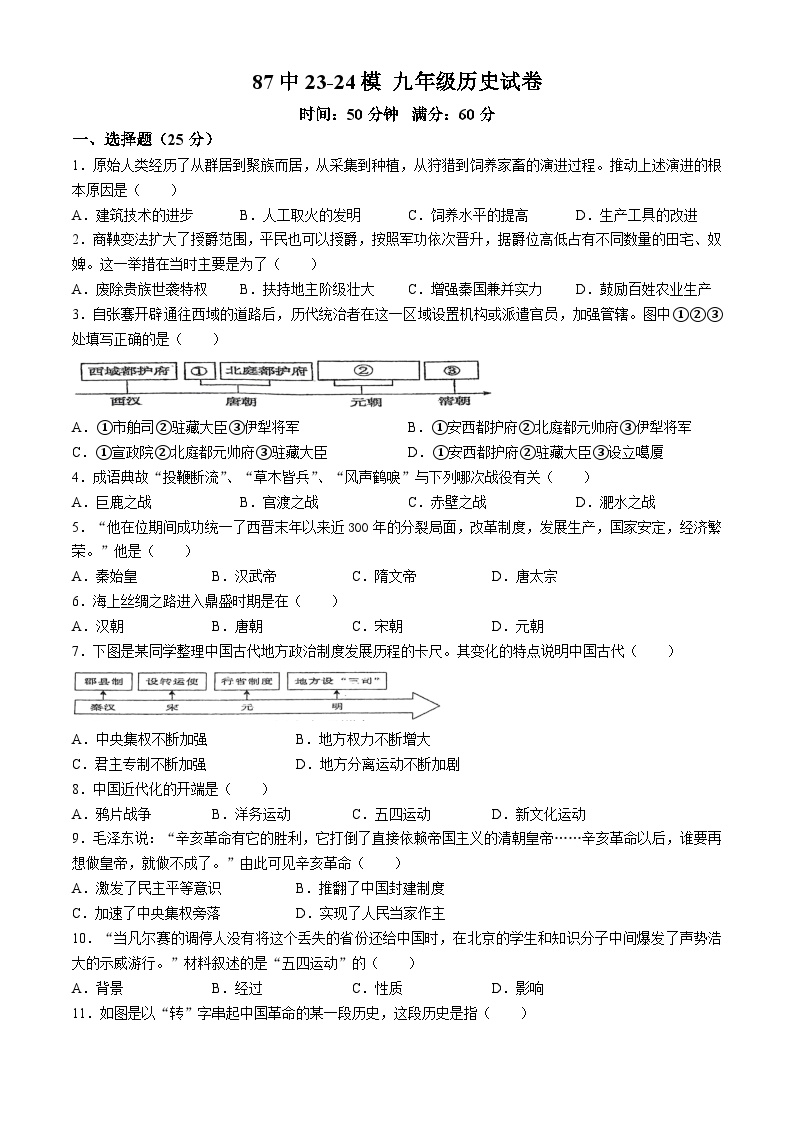 吉林省长春市绿园区第八十七中学2023-2024学年部编版九年级历史下学期中考模拟卷 (无答案)