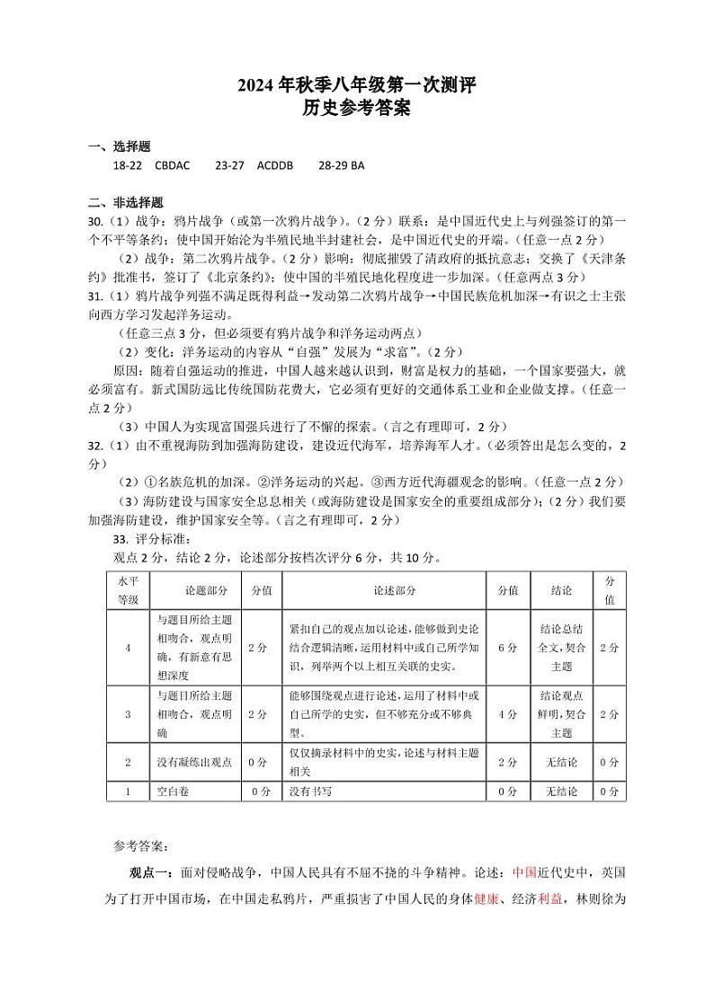 八年级第一次测评历史——参考答案第1页