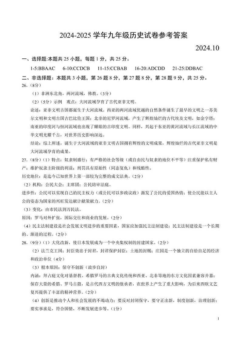 2024-2025学年九年级历史试卷参考答案第1页