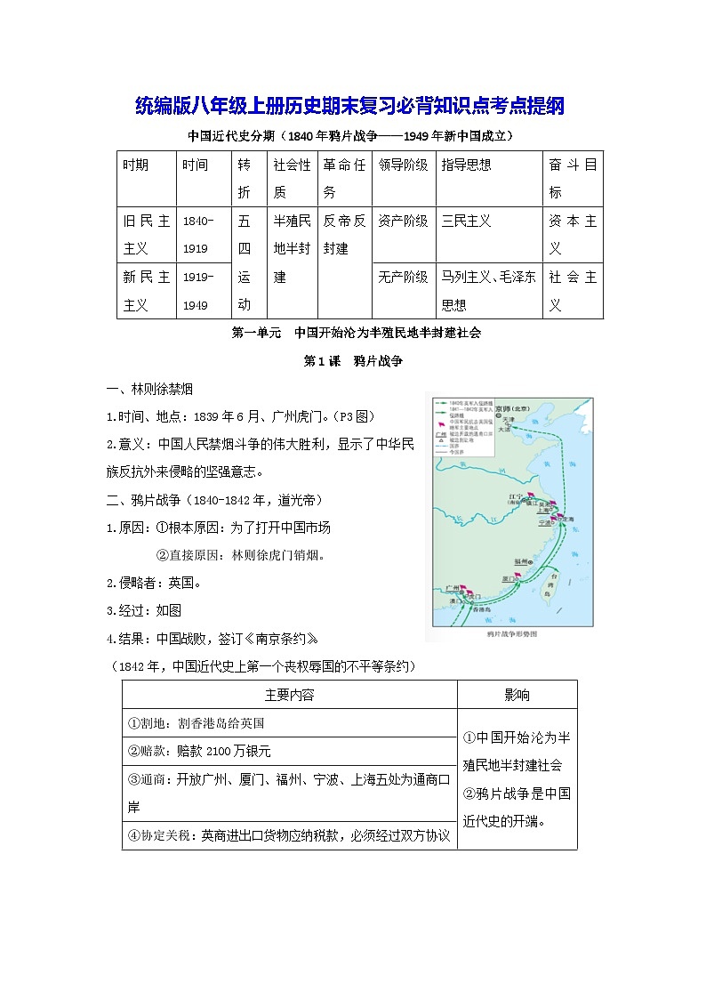 统编版八年级上册历史期末复习必背知识点考点提纲第1页