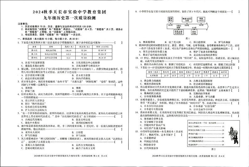 2024秋季九年级历史检测-1试题卷第1页