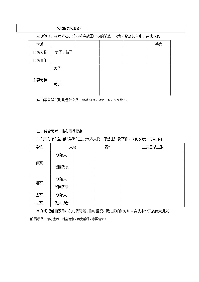 2024部编版七上历史第7课百家争鸣学案+练案02