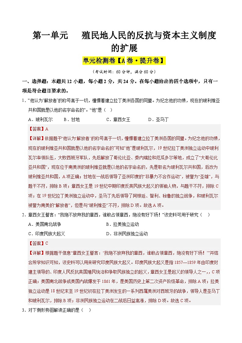 第一单元 殖民地人民的反抗与资本主义制度的扩展(A卷·提升卷)(教师版) 2024-2025学年九年级历史下册单元速记·巧练(湖北专用)第1页