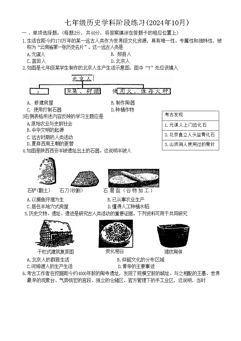 河北省石家庄市第二十八中学2024-2025学年七年级上学期月考历史试卷(1)第1页