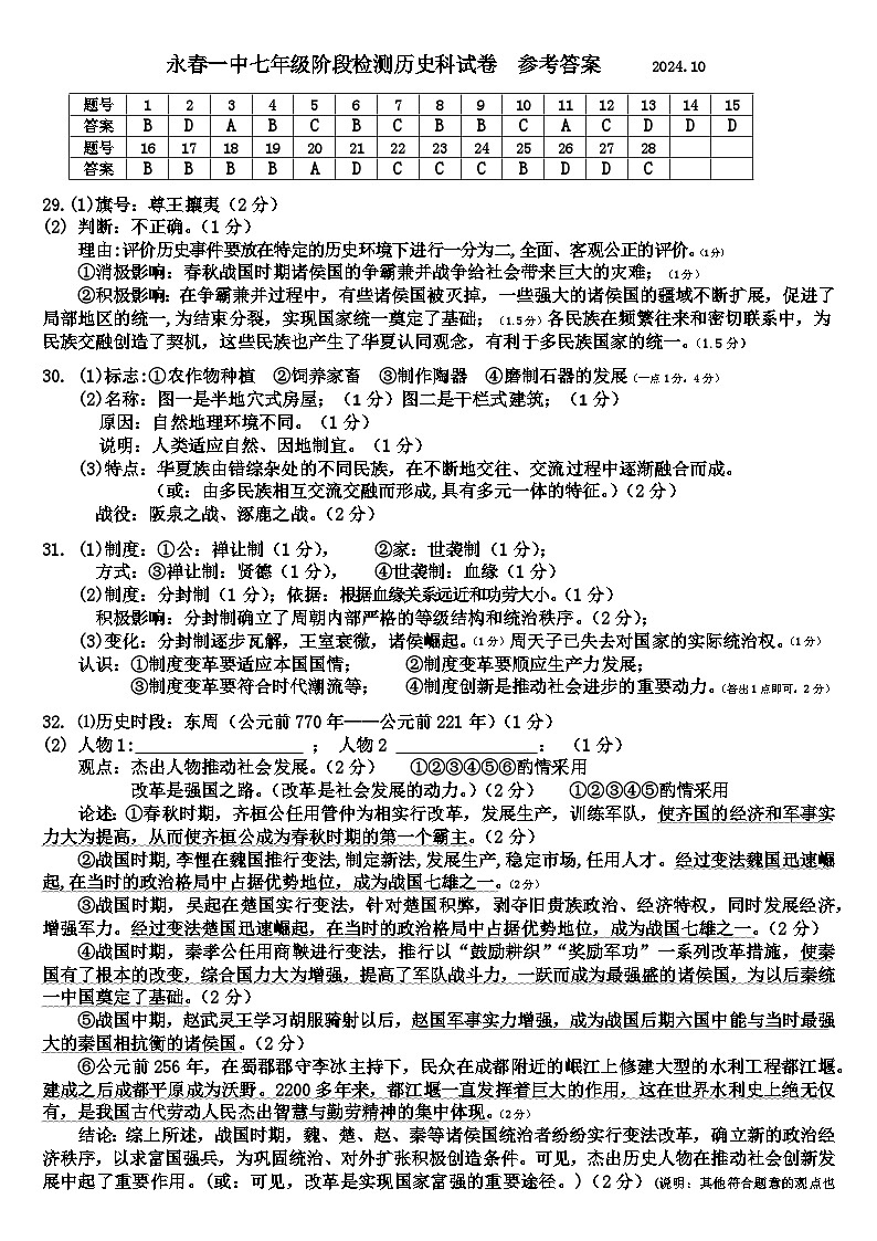 参考答案 永春一中七年级阶段检测历史科试卷2024.10第1页