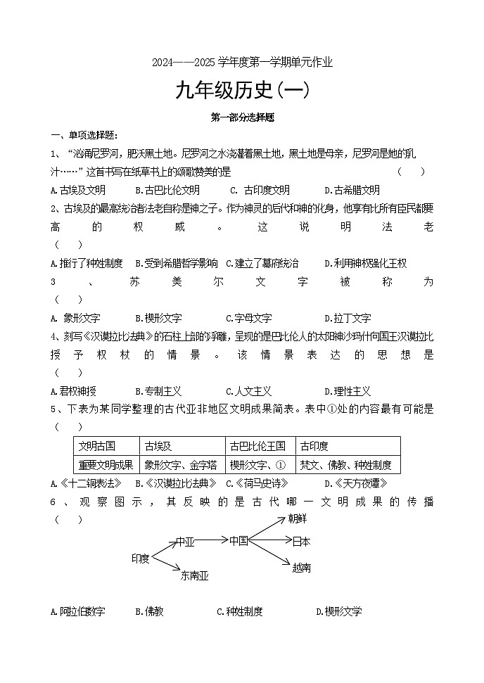 辽宁省黑山县2024-2025学年九年级上学期单元作业(月考)历史试卷01