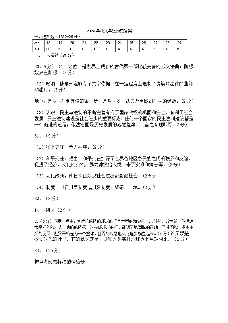 2024年秋历史答案第1页
