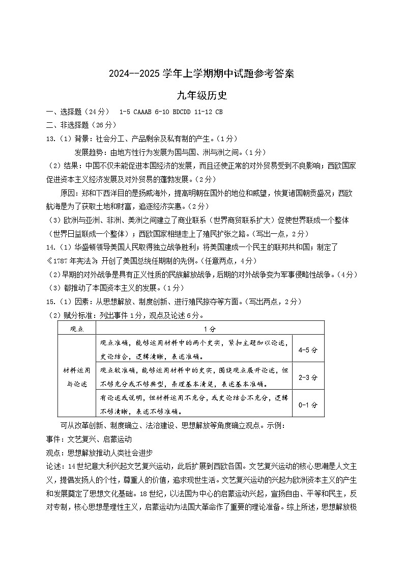 内蒙古自治区赤峰市松山区2024-2025学年九年级上学期11月期中历史试题01