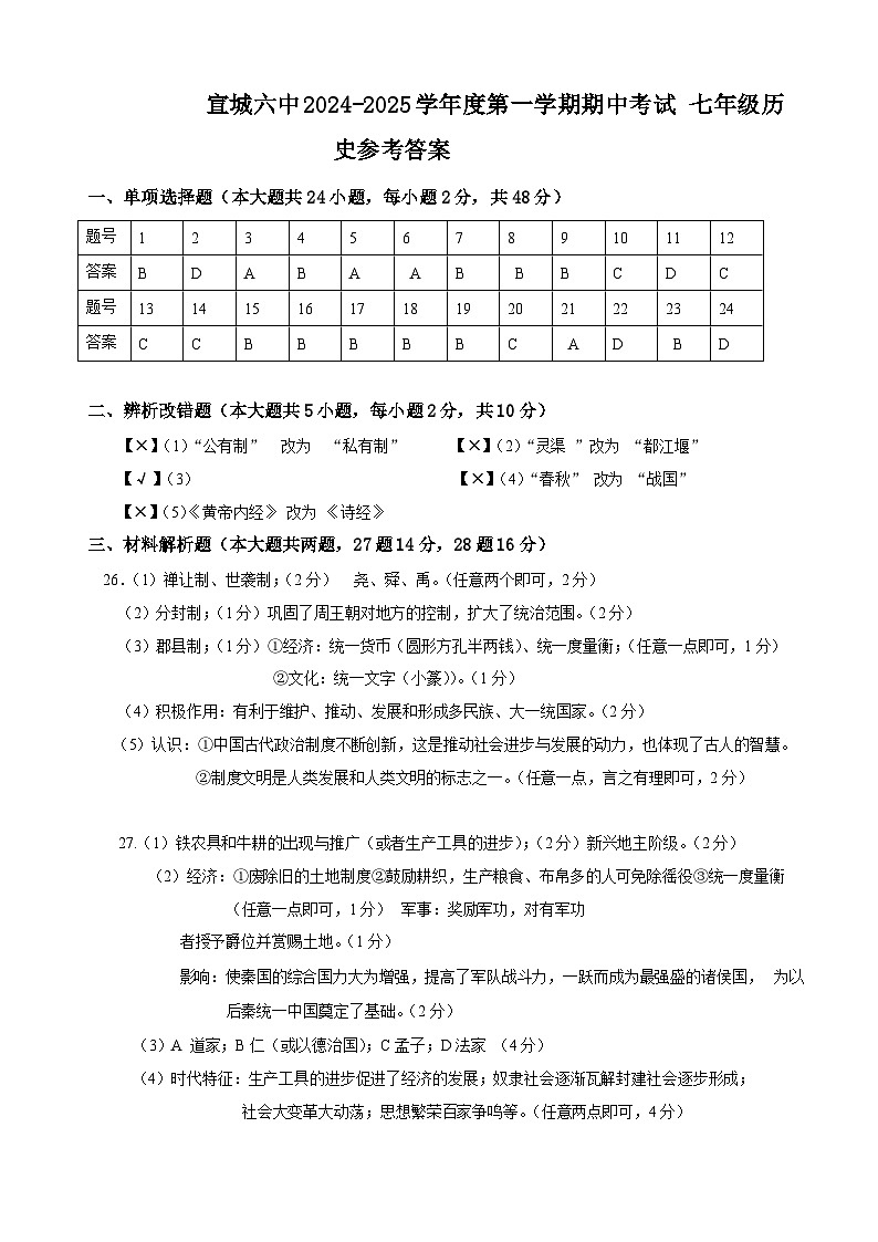七年级历史参考答案第1页