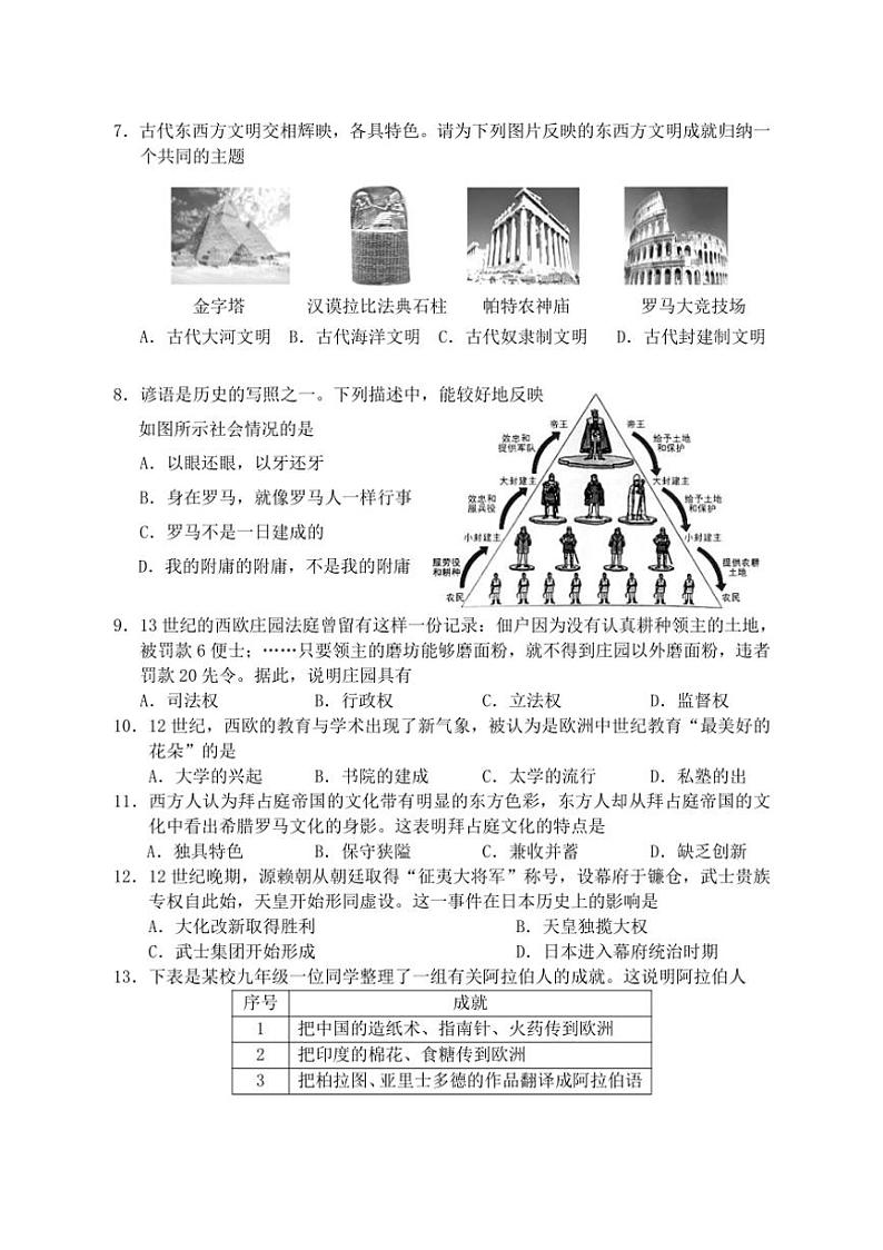 广西贺州市富川县2024~2025学年九年级上学期期中质量监控检测历史试题(含答案)02