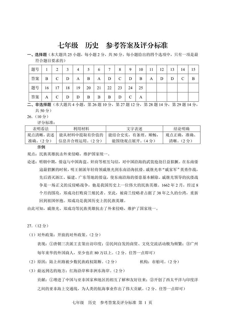 云南省昆明市官渡区第一中学2023-2024学年下学期期中考试七年级历史试题卷答案第1页