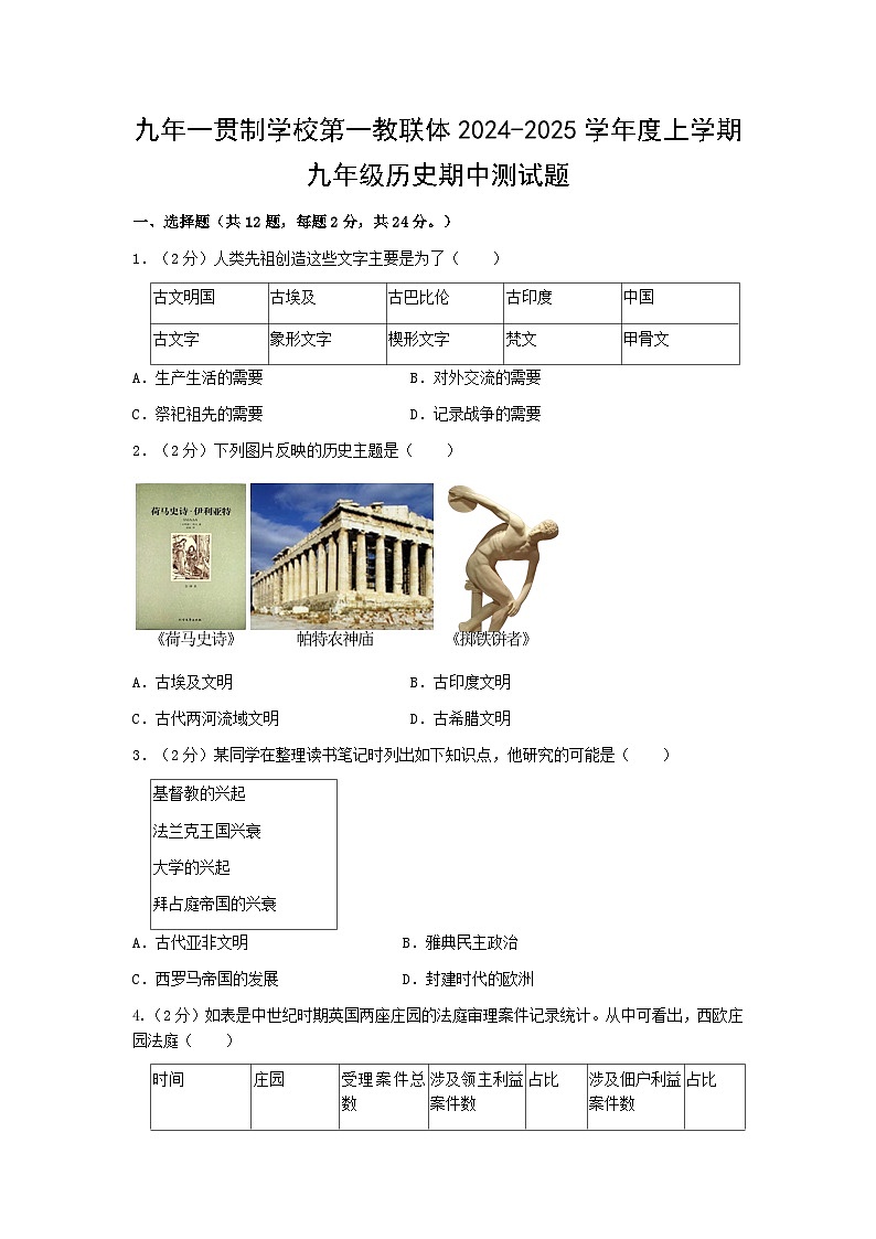 九年级历史期中试题原卷版第1页