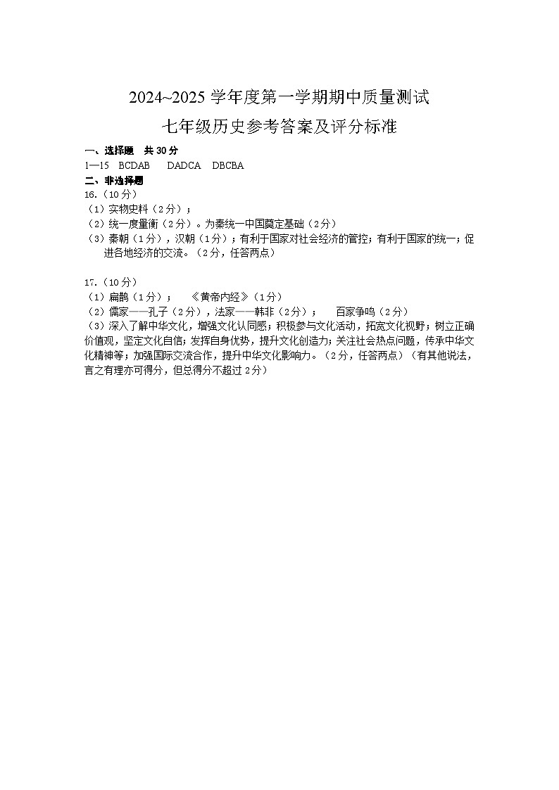 七年級歷史期中考試參考答案、評分標(biāo)準(zhǔn)及閱卷分工第1頁