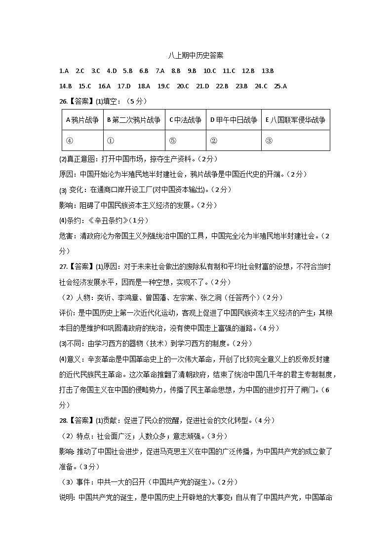 八上期中历史答案第1页