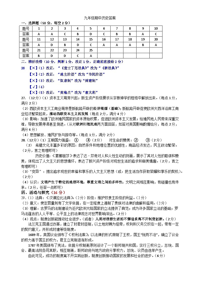 九年级历史答案第1页