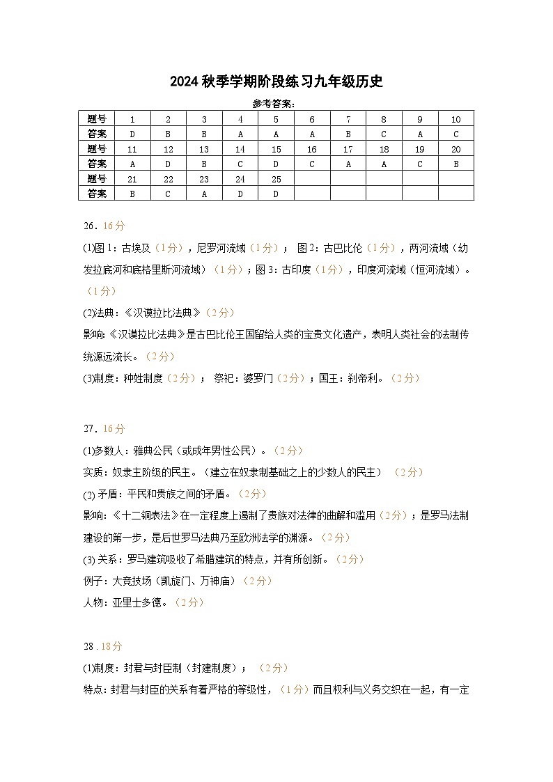 天津市北辰区第一学区片2024—2025学年九年级上学期期中历史试卷答案第1页